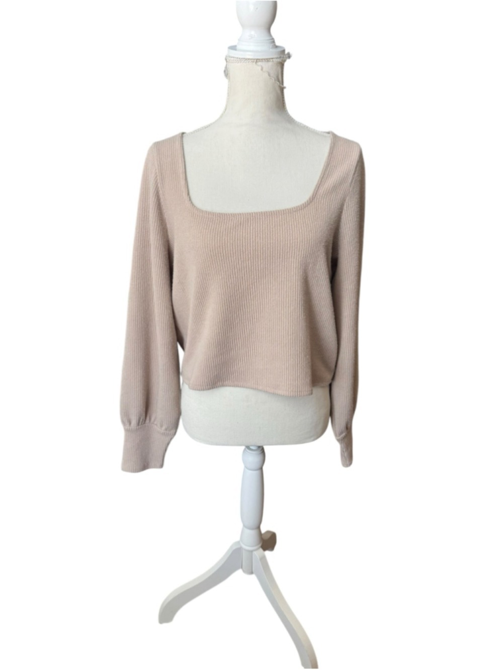 Women's Madewell Ribbed Square Neck Long Sleeve Top Beige Size L